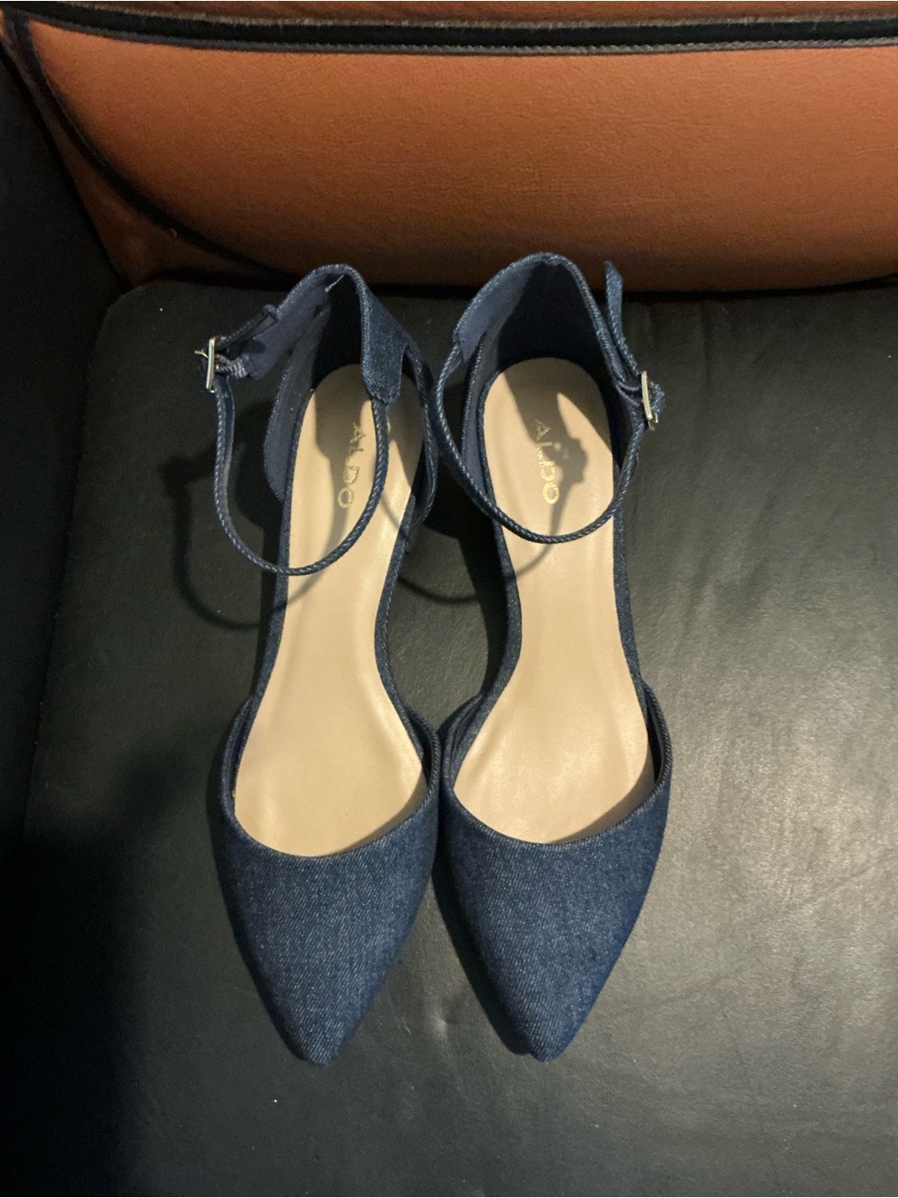ALDO Navy Denim Pointed-Toe Ankle-Strap Heels